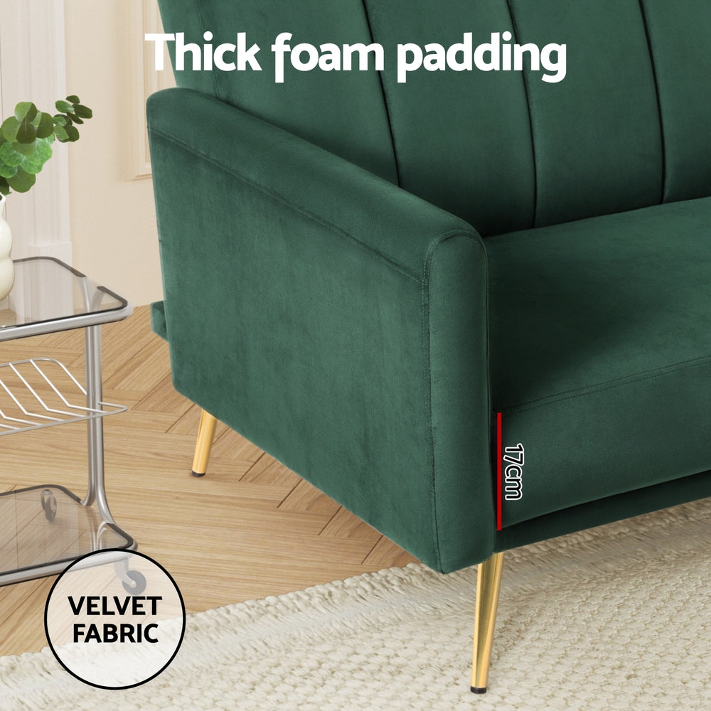 Artiss 3-Seater Convertible Sofa Bed Velvet Recliner Green Gold