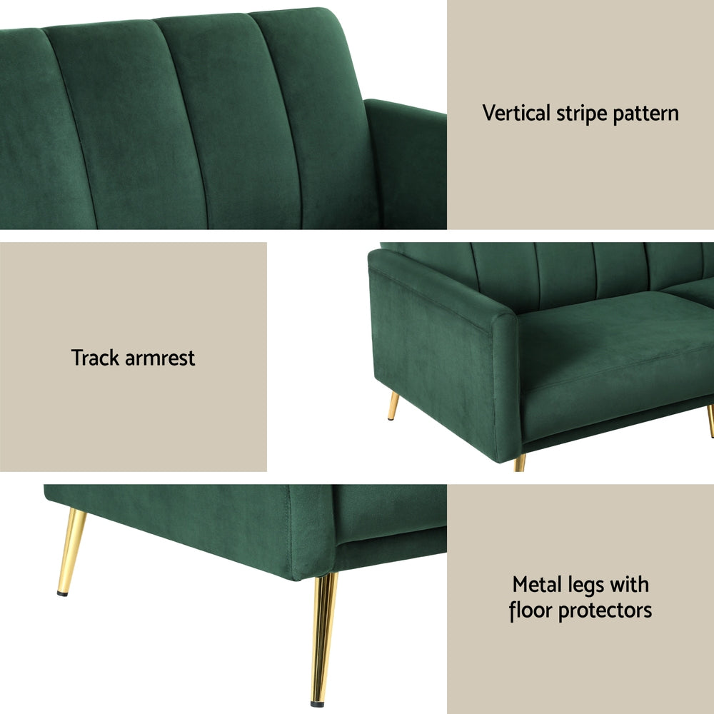 Artiss 3-Seater Convertible Sofa Bed Velvet Recliner Green Gold