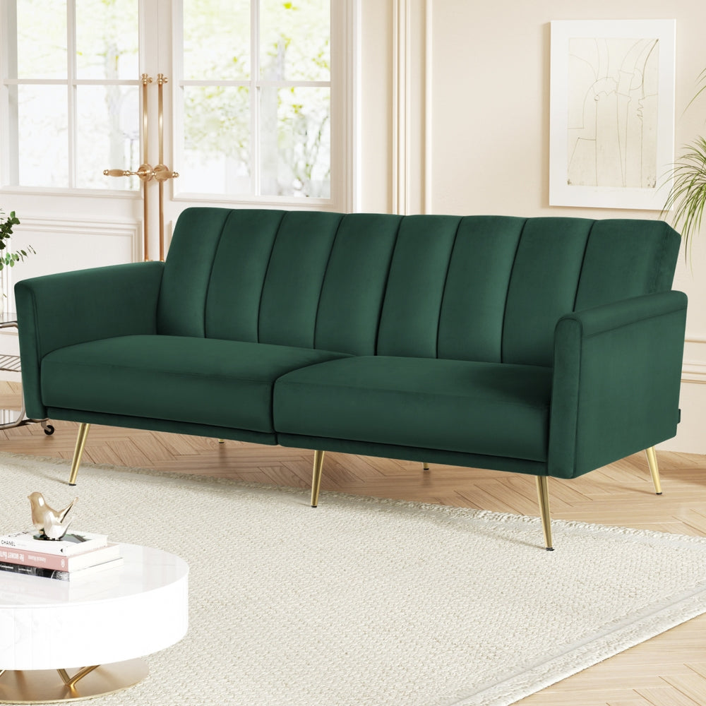 Artiss 3-Seater Convertible Sofa Bed Velvet Recliner Green Gold