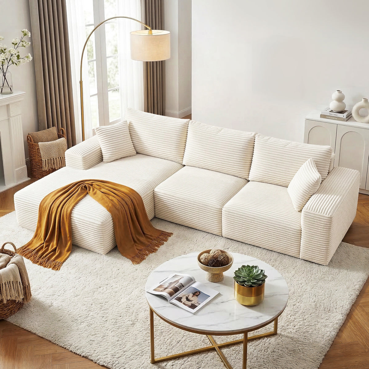 Artiss 3 Seater Modular Sofa Bed Boneless Corduroy Sectional White