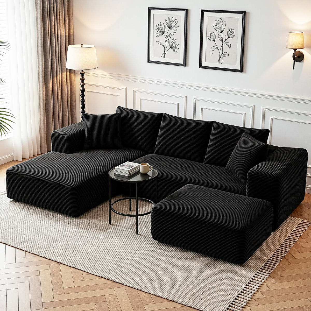 Artiss Modular Corduroy Sectional Sofa Bed with Ottoman Black