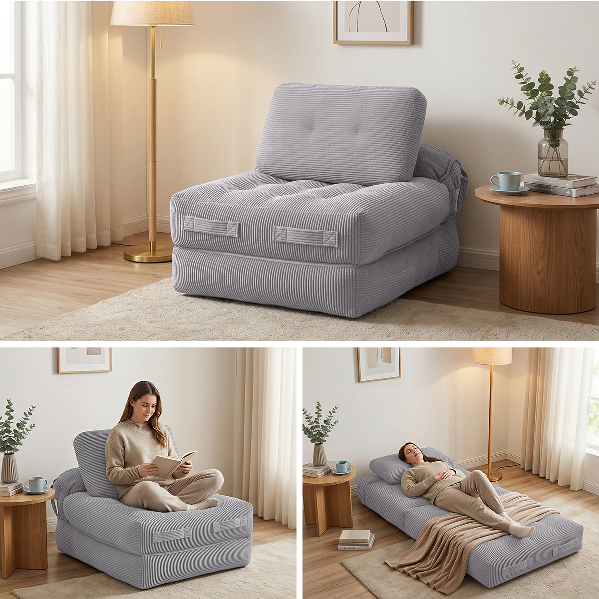 Artiss 1 Seater Corduroy Convertible Sofa Bed Grey