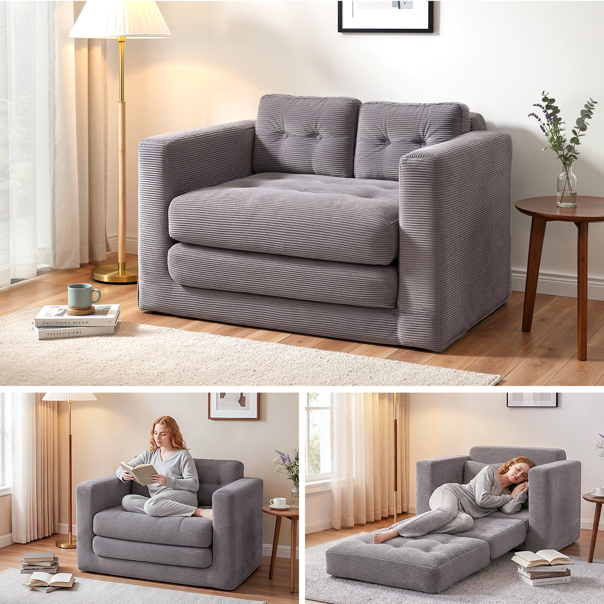 Artiss 2 Seater Convertible Corduroy Sofa Bed Grey