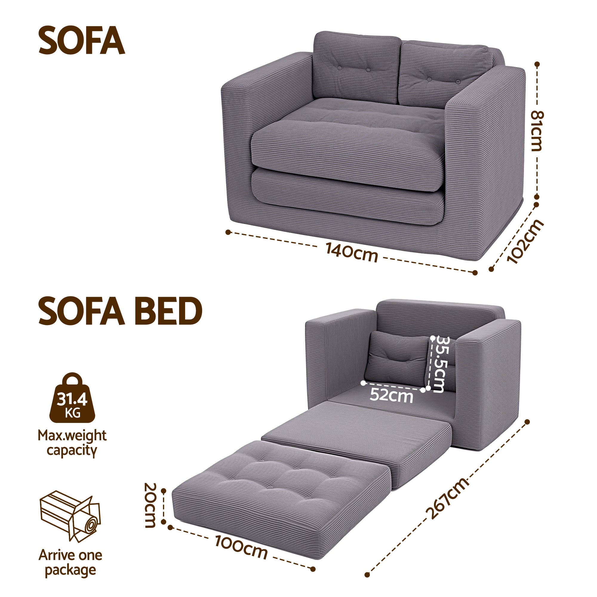 Artiss 2 Seater Corduroy Convertible Sofa Bed Pull Out Boneless Couch Grey