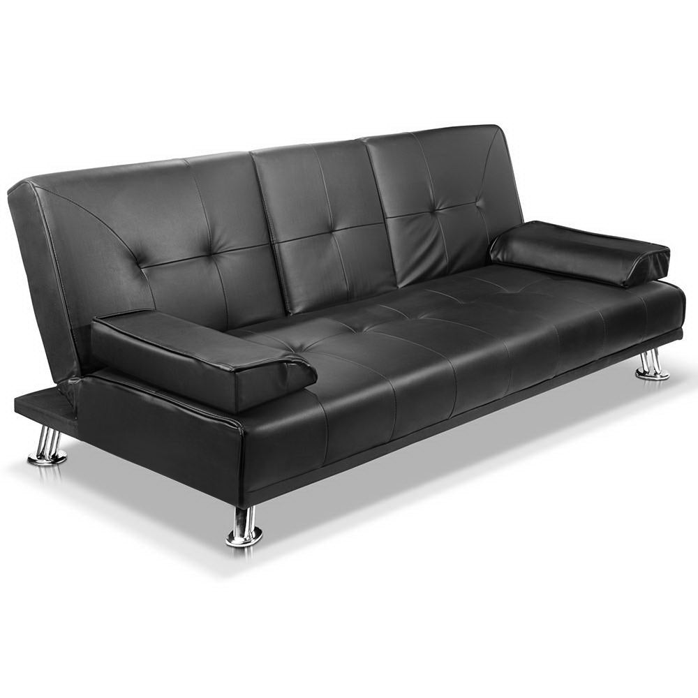Artiss 3 Seater Leather Sofa Bed Lounge Convertible Couch with Cup Holders
