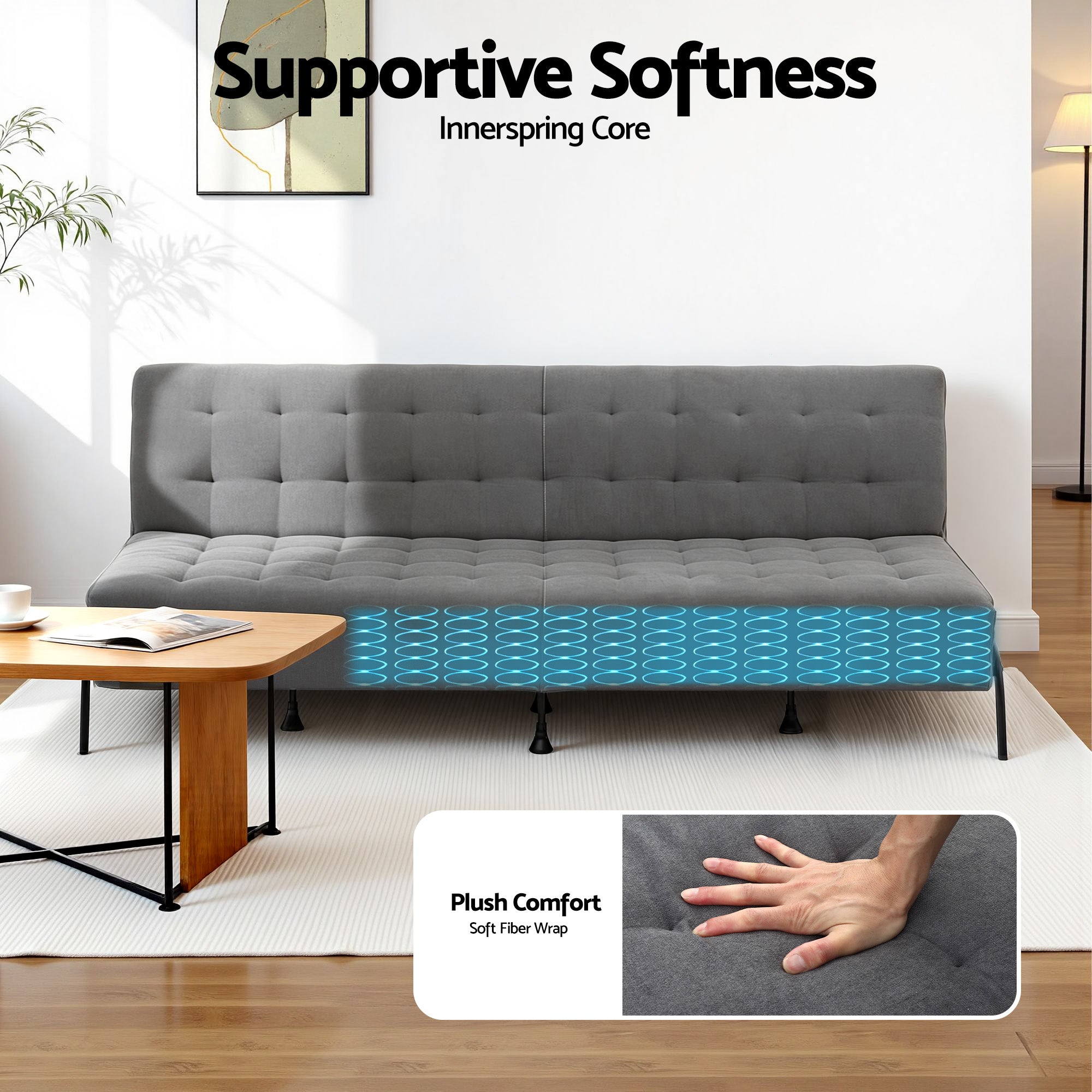 Artiss Sofa Bed, 1.9m 3-Seater Soft Innerspring Adjustable Couch Futon Chair for Apartment Dorm Living Room Office Study Bedroom, Grey