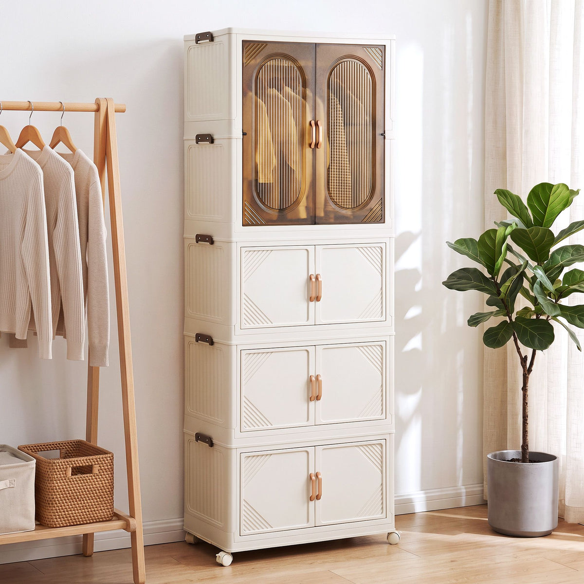 Artiss Foldable Stackable Storage Cabinet Clear Magnetic Doors White
