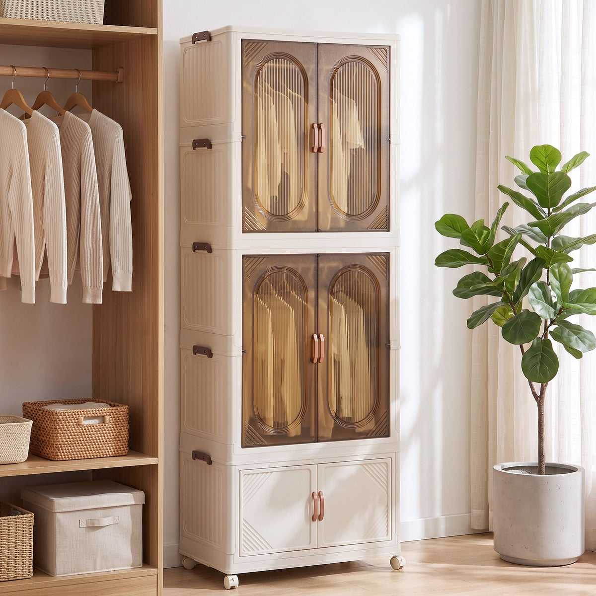 Artiss Stackable Foldable Storage Cabinet Clear Magnetic Door White