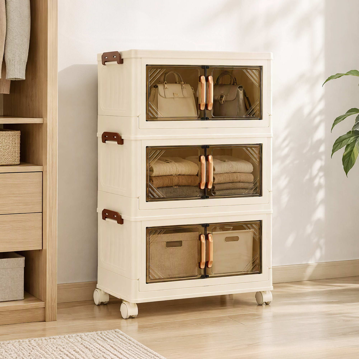 Artiss 3-Tier Foldable Storage Cabinet Clear Magnetic Door White