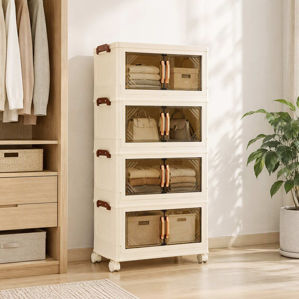 Artiss 4-Tier Foldable Storage Cabinet Stackable Box Clear Magnetic Door White