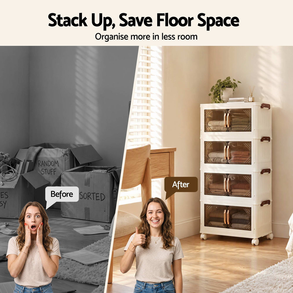 Artiss 4-Tier Foldable Storage Cabinet Stackable Box Clear Magnetic Door White