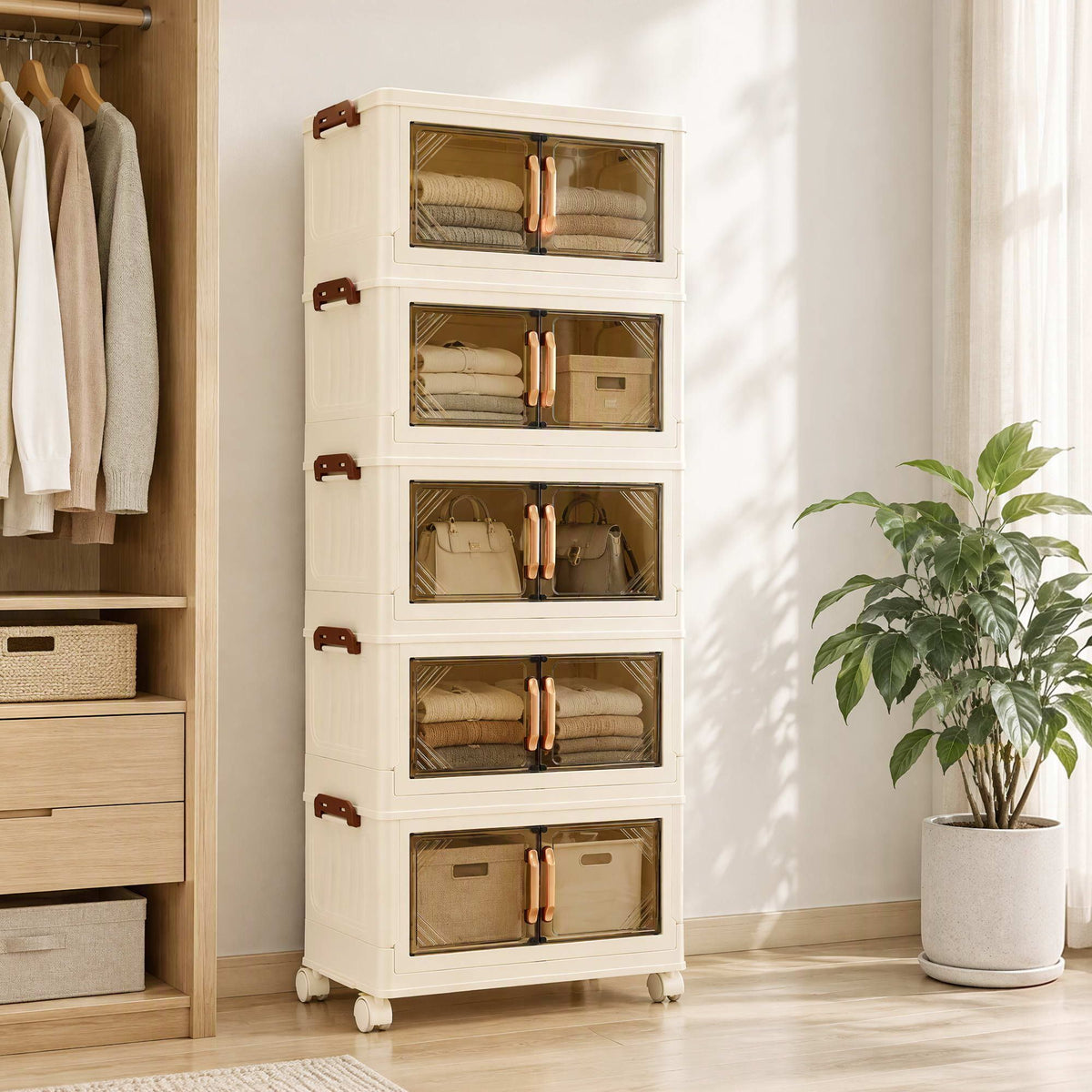 Artiss 5-Tier Foldable Storage Cabinet Stackable Box Clear Magnetic Door White