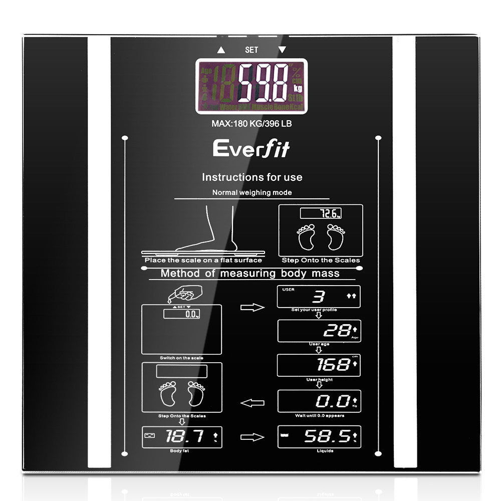 Everfit 180KG Digital Bathroom Scale Body Fat Hydration Monitor Black