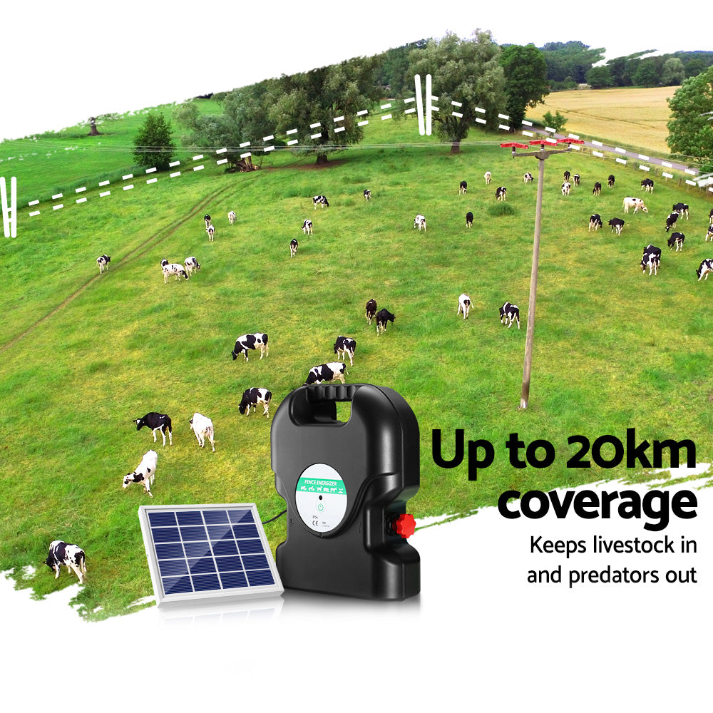 Giantz 20km Solar Electric Fence Energiser 1.2J Waterproof