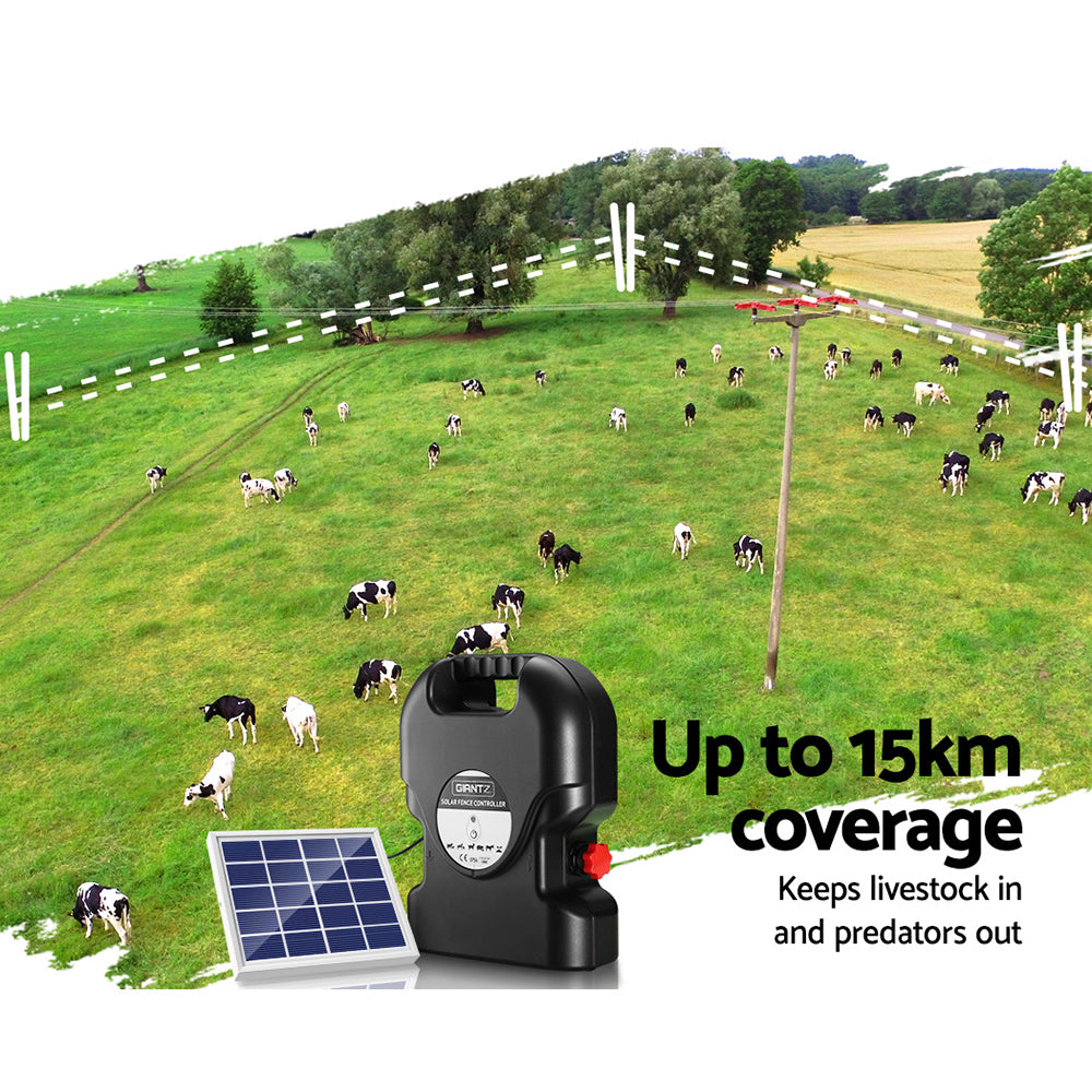 Giantz 15KM Solar Electric Fence Energiser 0.8J Waterproof