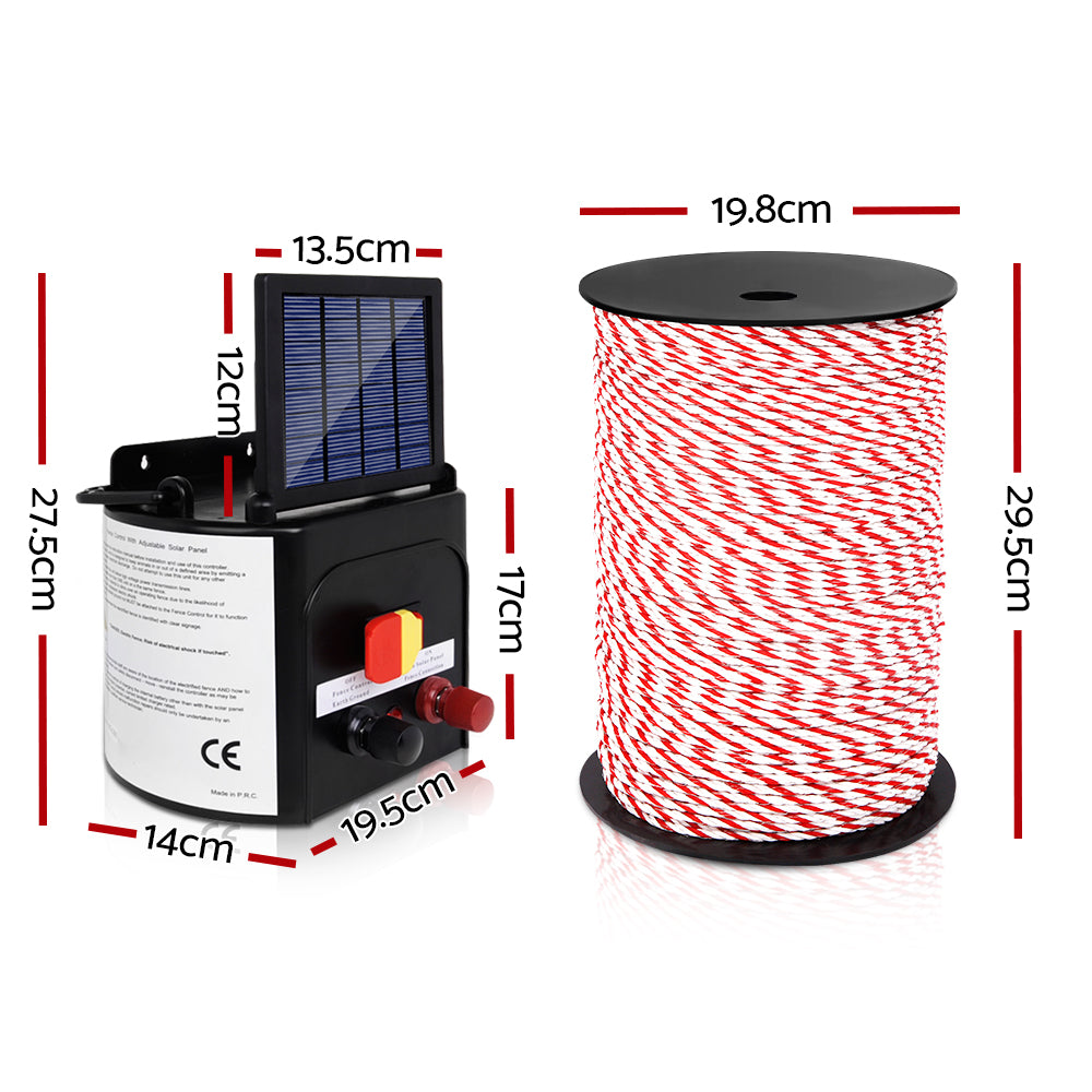 Giantz 5KM Solar Electric Fence Energiser 500M Poly Rope Red/White