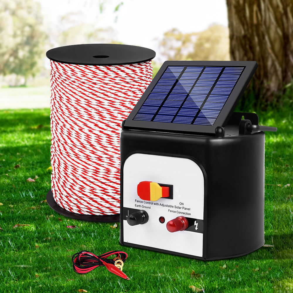 Giantz 8KM Solar Electric Fence Energiser 500M Poly Rope Red/White