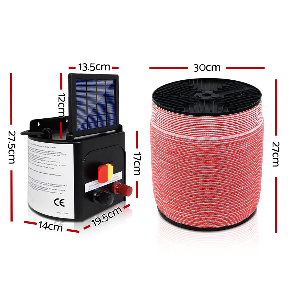 Giantz 5km Solar Electric Fence Energiser 1200m Red/White Polytape