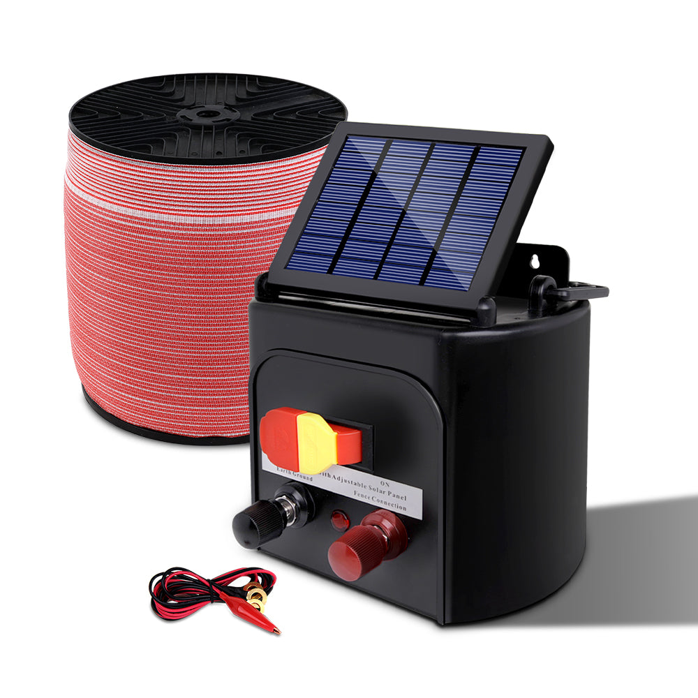 Giantz 5km Solar Electric Fence Energiser 1200m Red/White Polytape