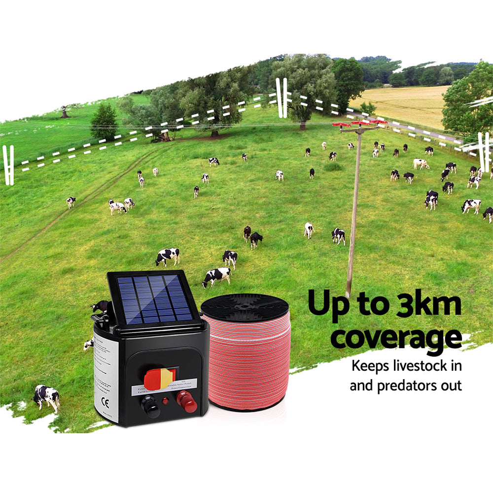 Giantz 3km Solar Electric Fence Energiser with 2000m Red/White Polytape