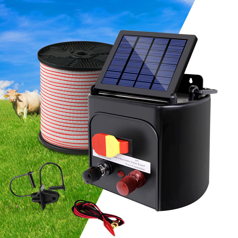 Giantz 5KM Solar Electric Fence Energiser 400M Poly Tape Insulator Black