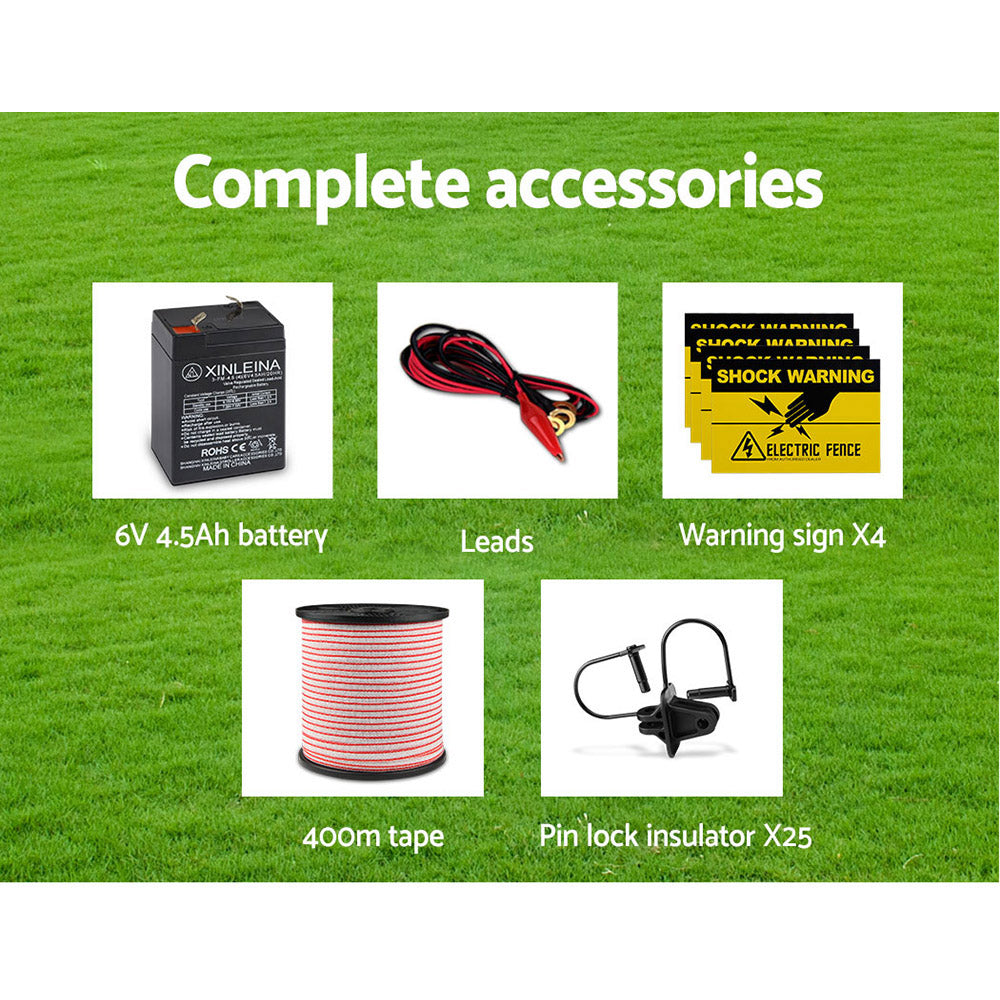 Giantz 5KM Solar Electric Fence Energiser 400M Poly Tape Insulator Black