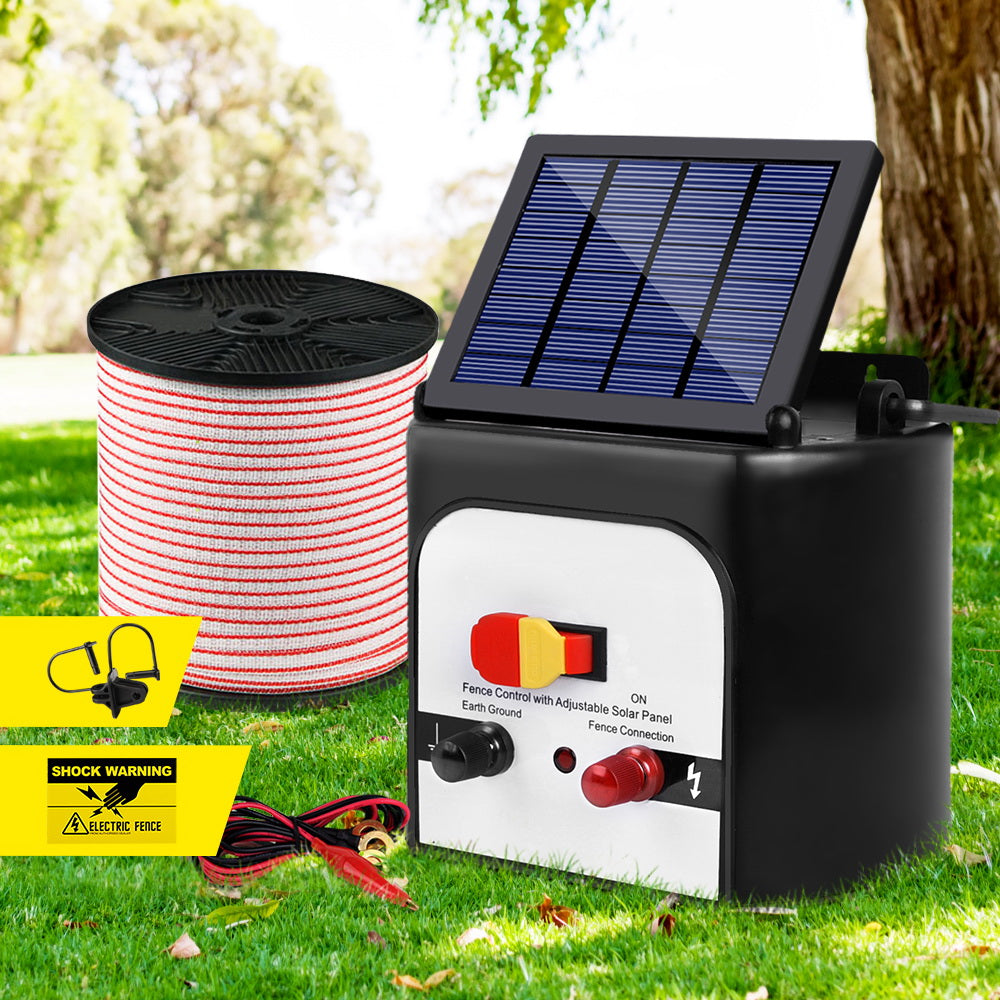 Giantz 8KM Solar Electric Fence Energiser 400M Red & White Polytape