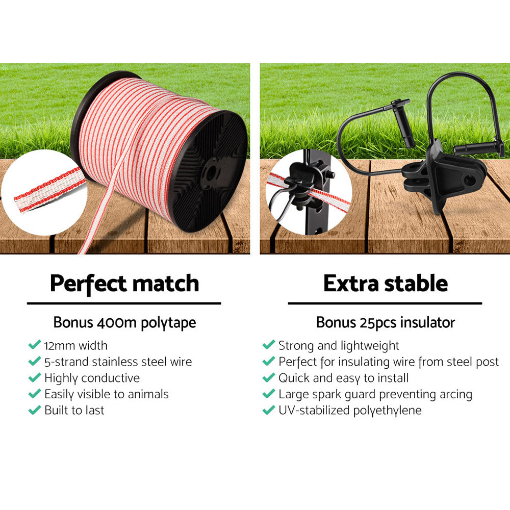 Giantz 8KM Solar Electric Fence Energiser 400M Red & White Polytape