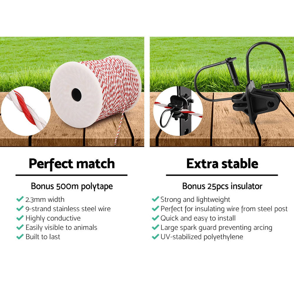 i.Force 3KM Solar Electric Fence Energiser 500M Poly Wire Insulator Set