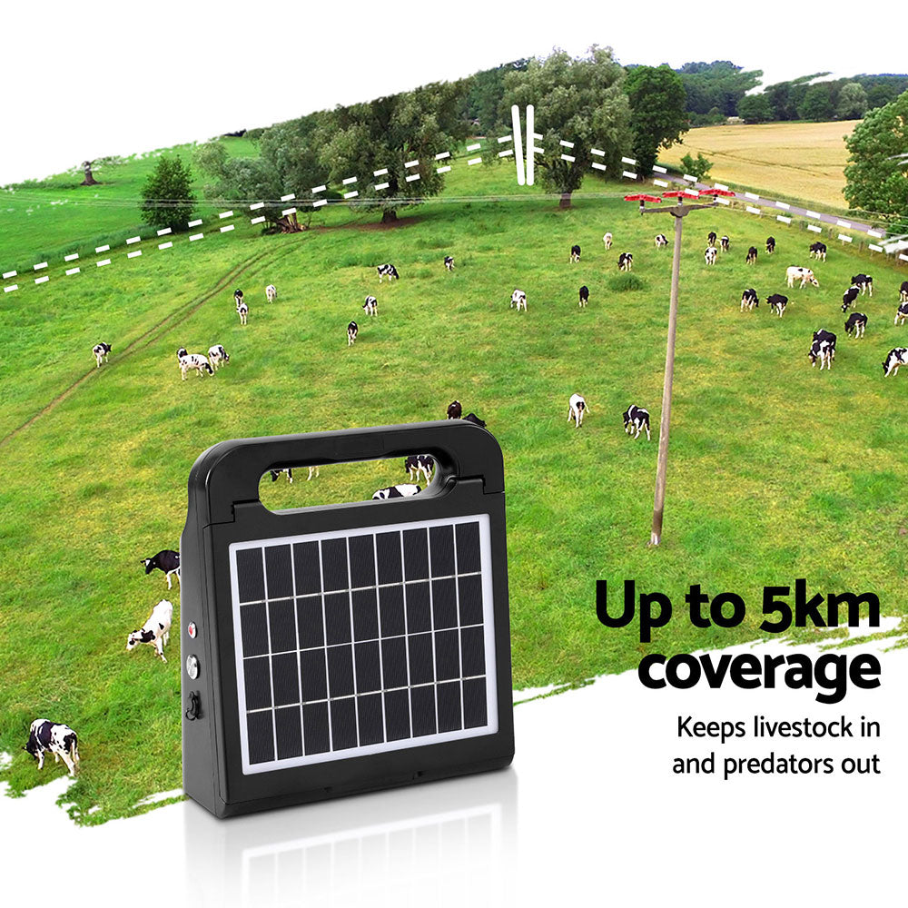 Giantz 5km Solar Electric Fence Energiser Black 0.15J