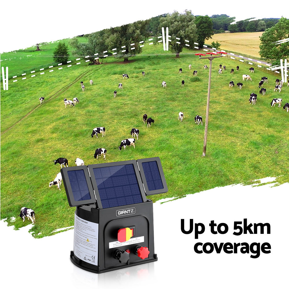 Giantz 5km Solar Electric Fence Energiser PET Black 0.15J
