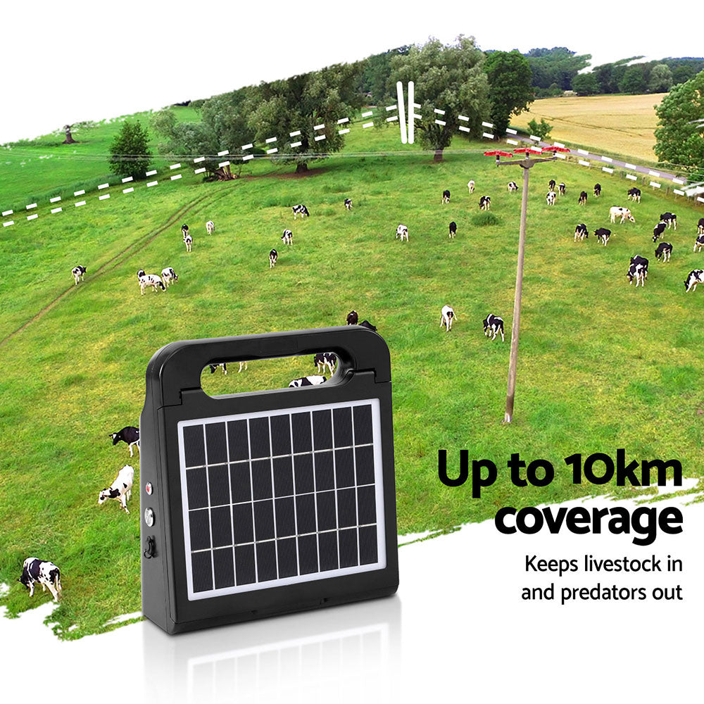 Giantz 10km Solar Electric Fence Energiser Black 0.3J