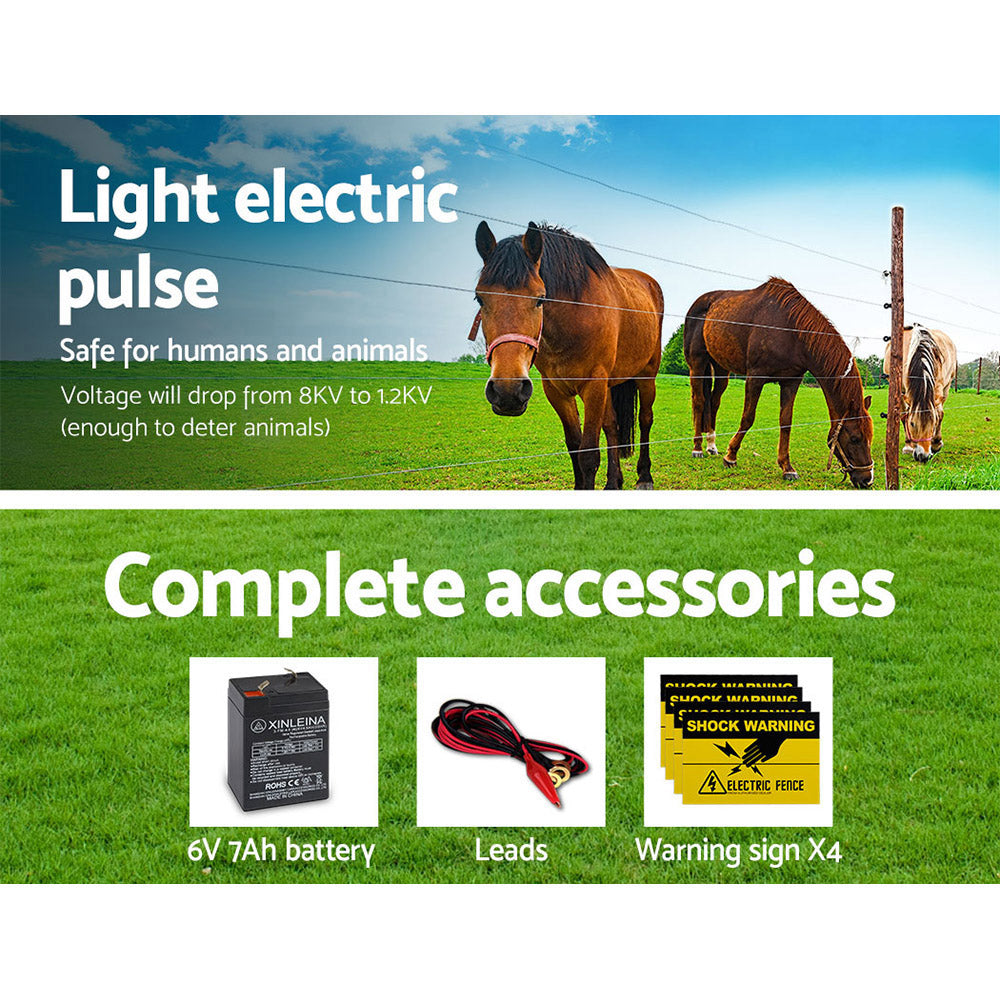 Giantz 8KM Solar Electric Fence Energiser 0.3J Black/White