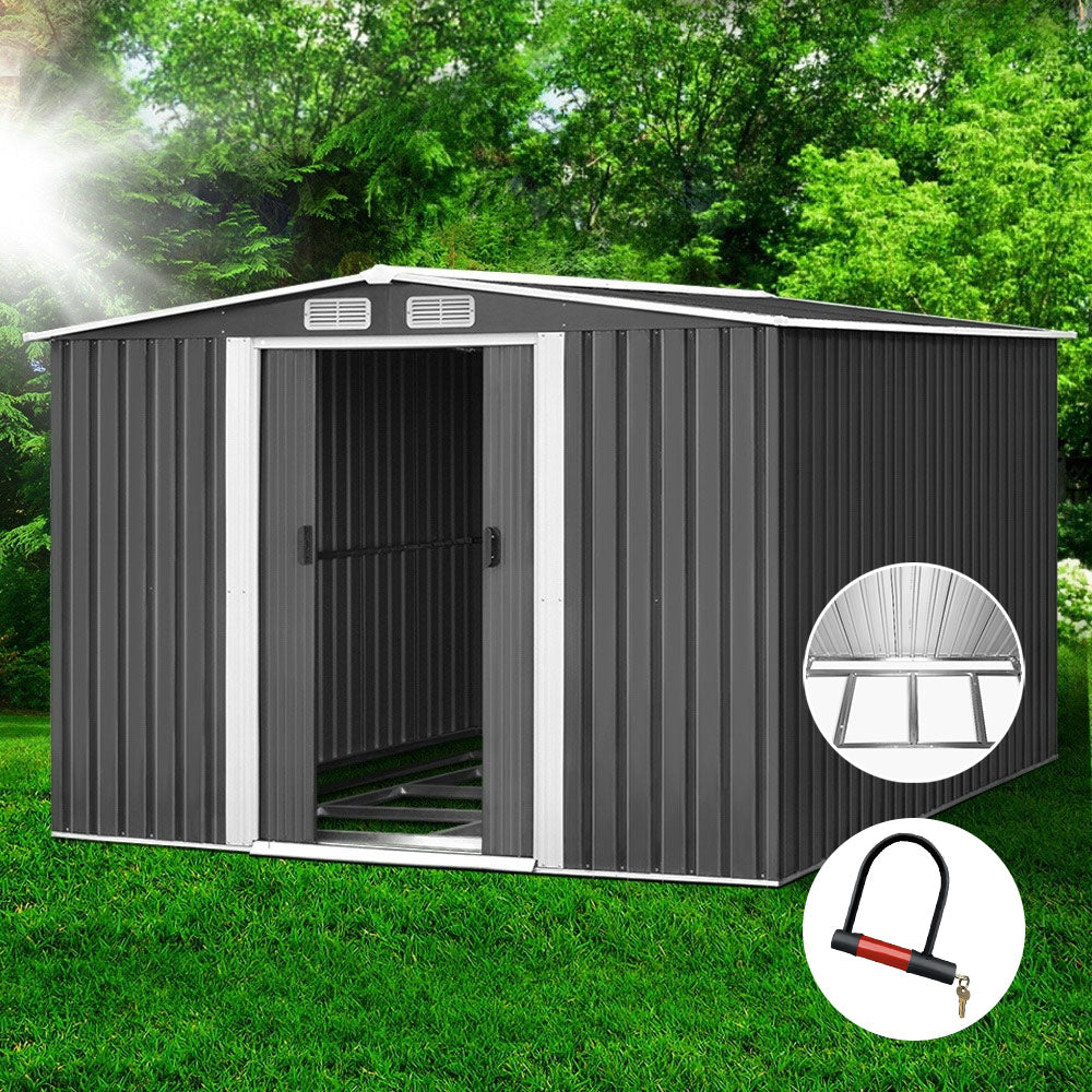 Giantz 2.58x3.14M Metal Garden Shed Grey Sliding Door