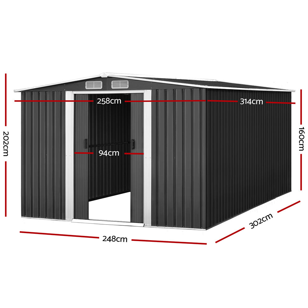 Giantz 2.58x3.14M Metal Garden Shed Grey Sliding Door