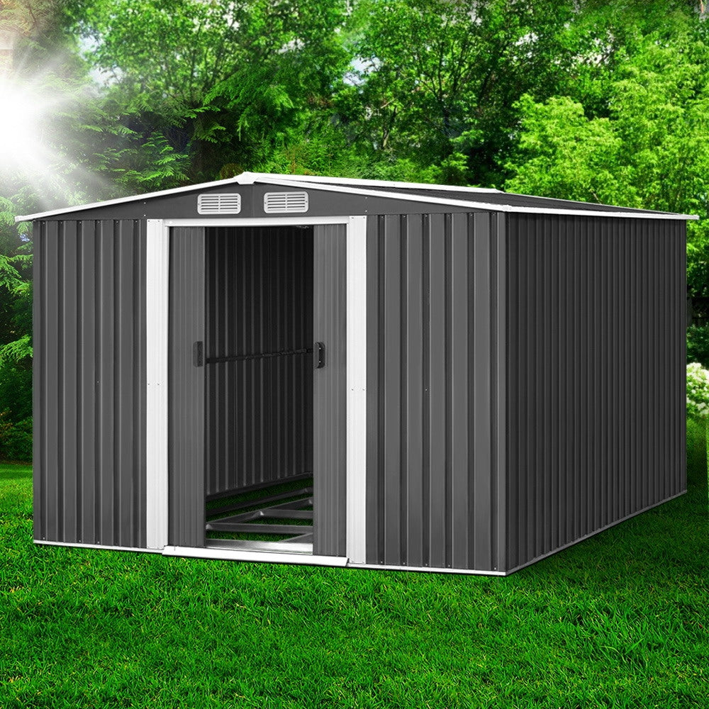 Giantz 2.58x3.14M Metal Garden Shed Grey Sliding Door