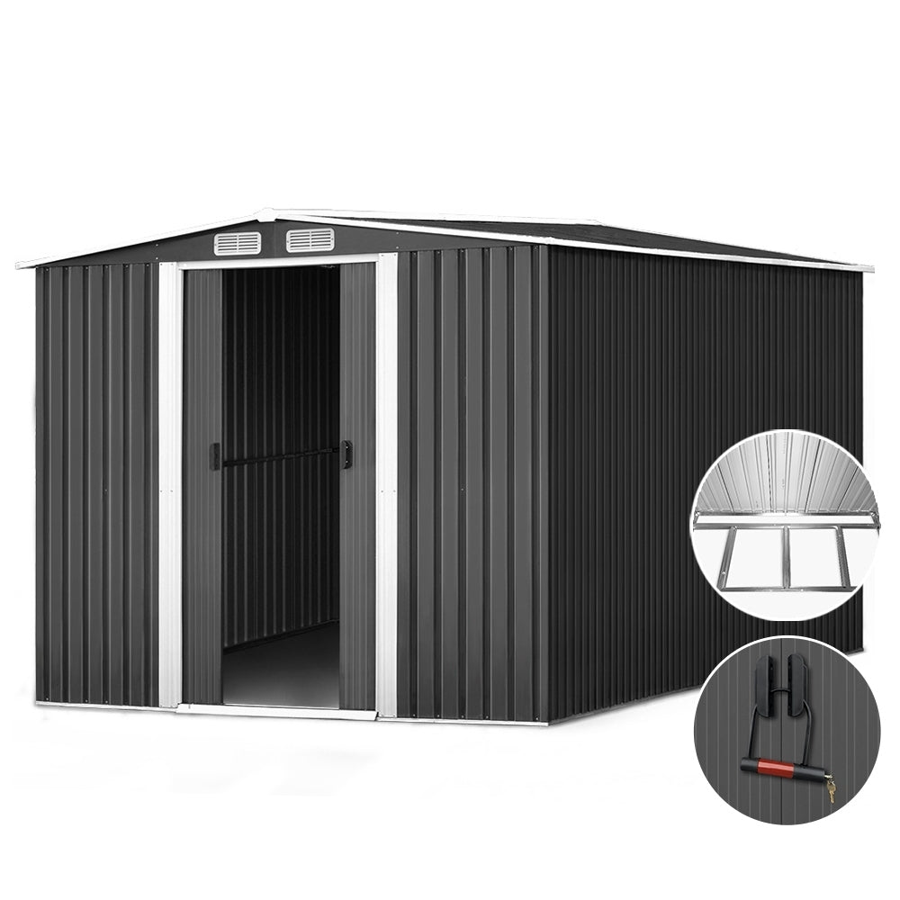 Giantz 2.58x3.14M Metal Garden Shed Grey Sliding Door