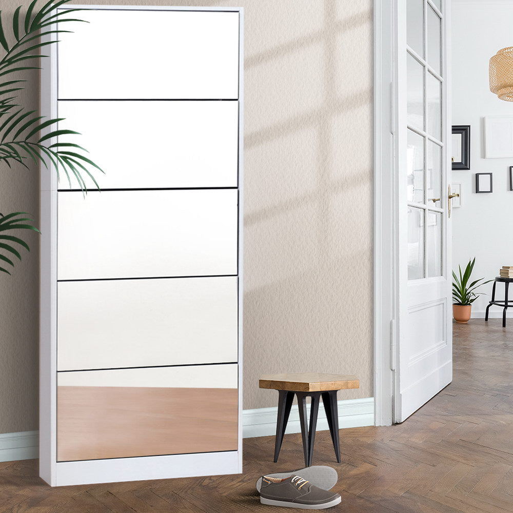 Mirror Shoe Cabinet 25-Pair White