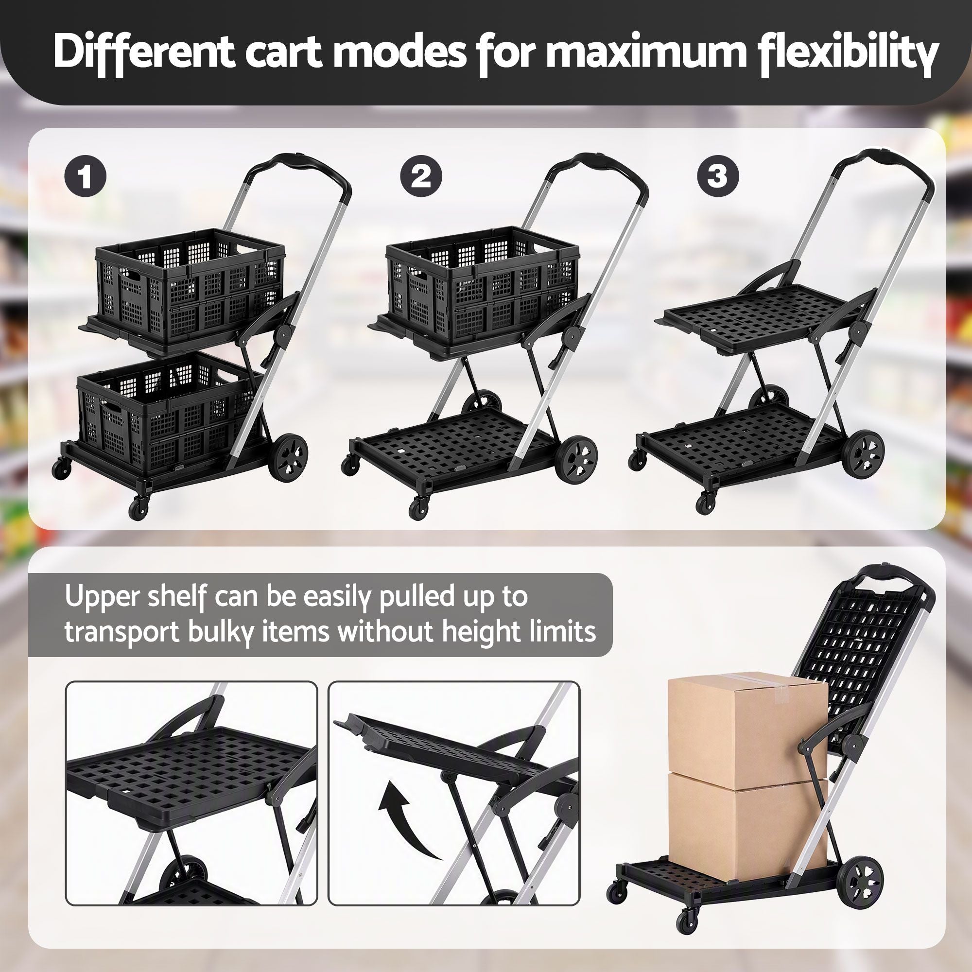 Artiss Shopping Trolley with Wheels 2 Layer w/2 Crates Foldable Trolley Black