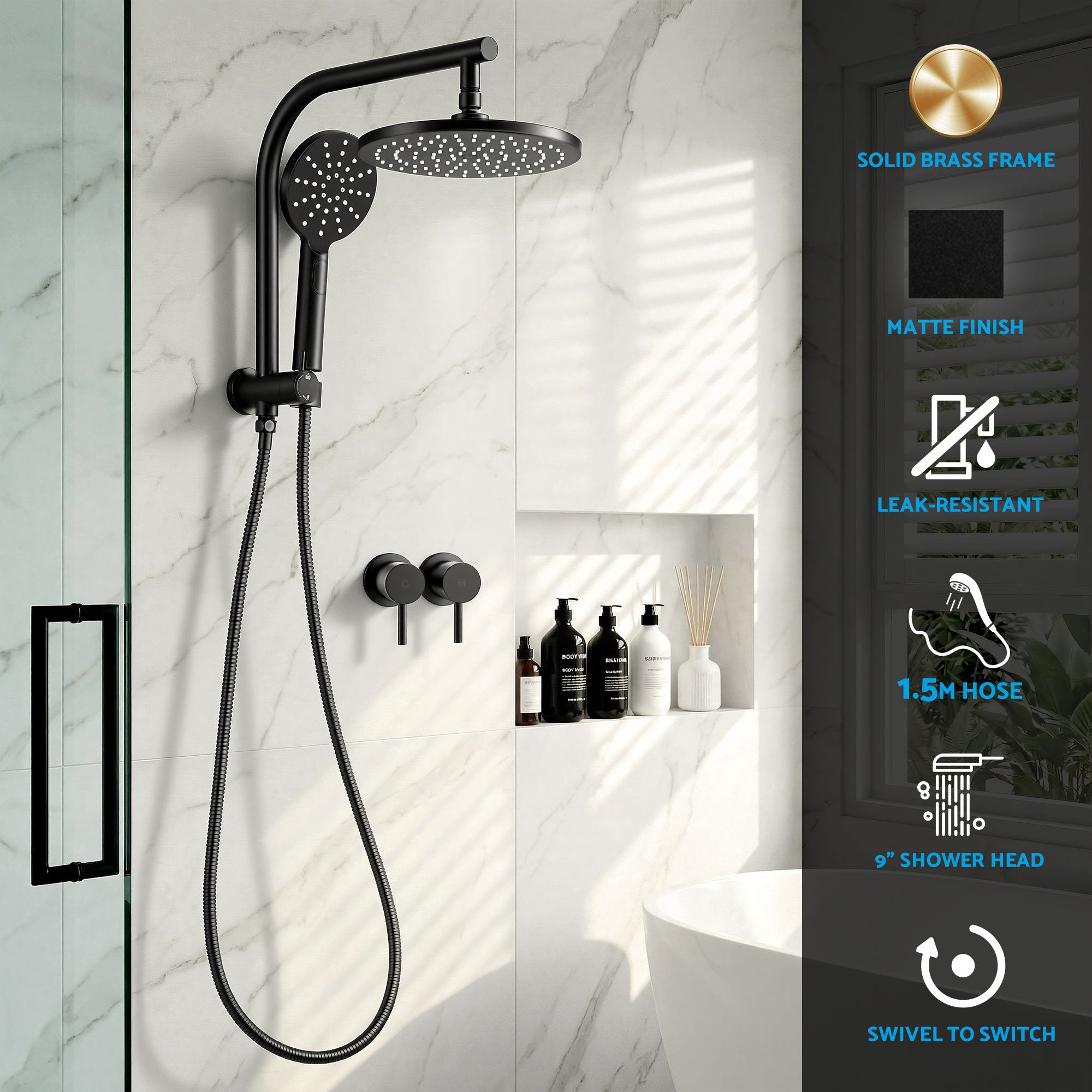 Cefito 9'' Rain Shower Head Set Handheld Round High Pressure Twins Tap Chrome