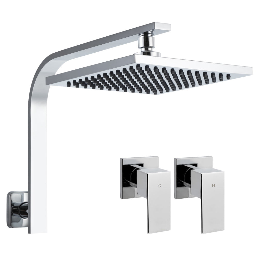 Cefito 8'' Square Rain Shower Head with Wall Arm and Twin Taps Chrome