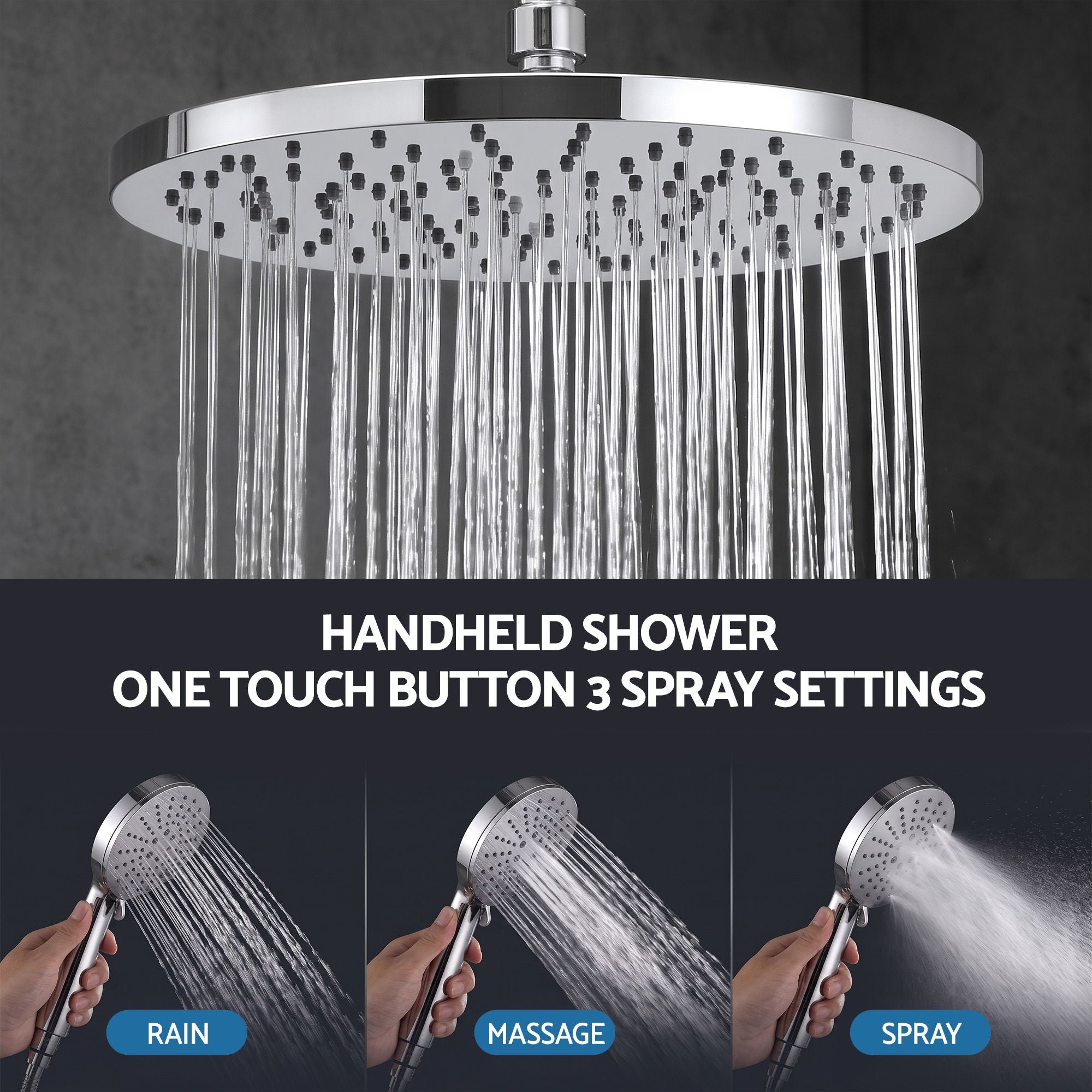 Cefito High-Pressure Shower Heads with Anti-burst 1.5m Hose & 304 S.S Rail, Ideal for Bathroom Upgrades and Pet Washing, 10 Inch Rain & 3-Function Combo