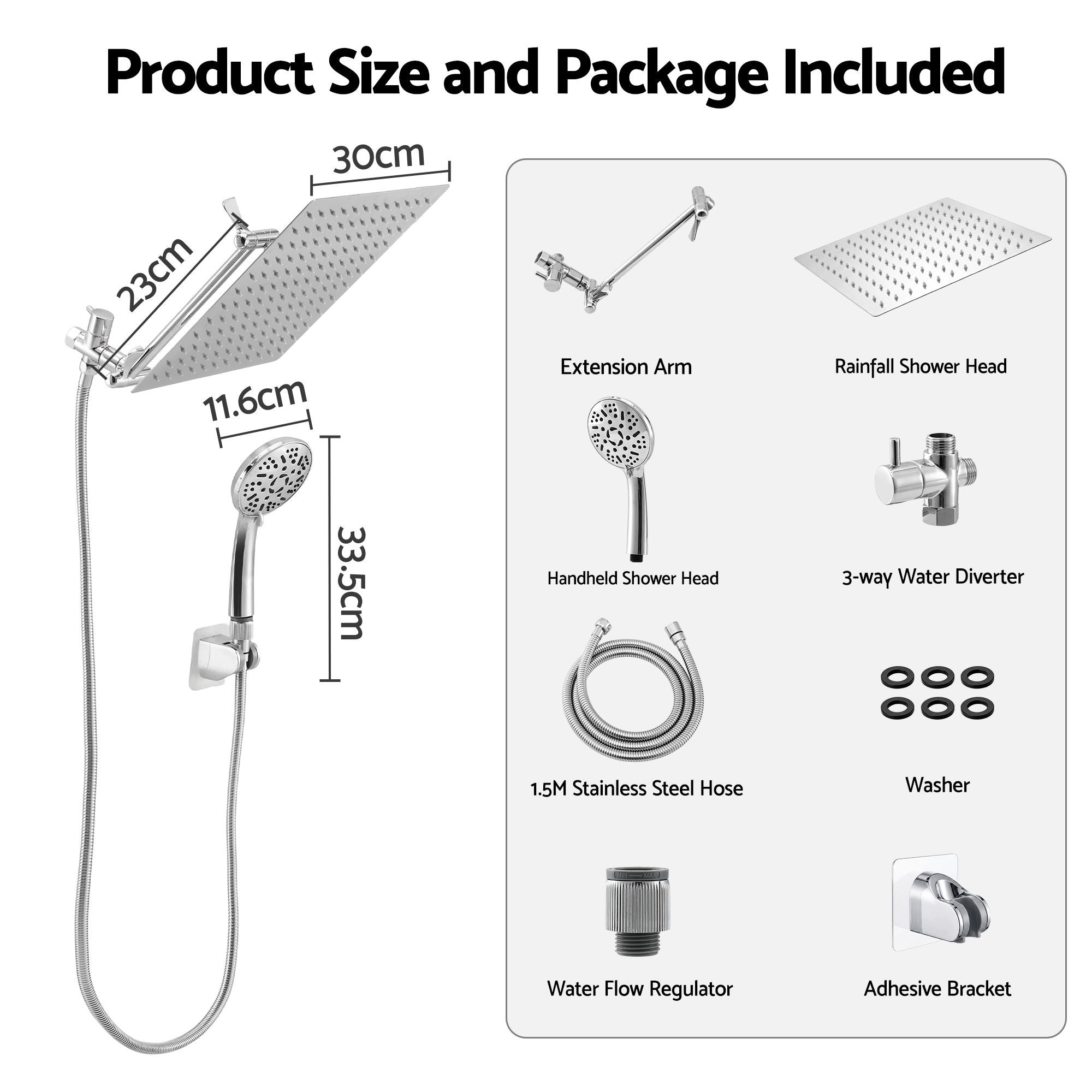 Cefito High-Pressure Rain Shower Head with Handheld, Gear-Lock Anti-Sag Arm for Family Spa, 12" Stainless Steel Rainfall & 9-Setting Wand Combo, 3-Way Diverter, Drill-Free Adhesive Bracket