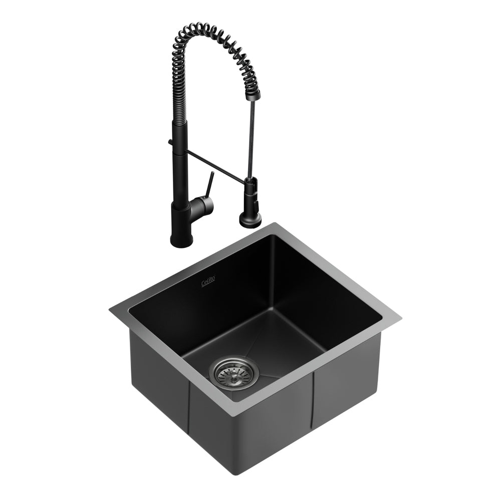 Cefito 51x45cm Single Bowl Kitchen Sink Black Stainless Steel with Pull-Out Mixer Tap