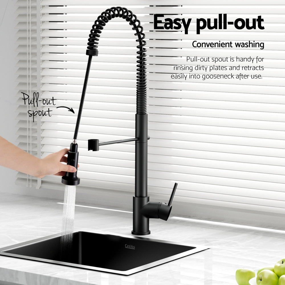 Cefito 51x45cm Single Bowl Kitchen Sink Black Stainless Steel with Pull-Out Mixer Tap