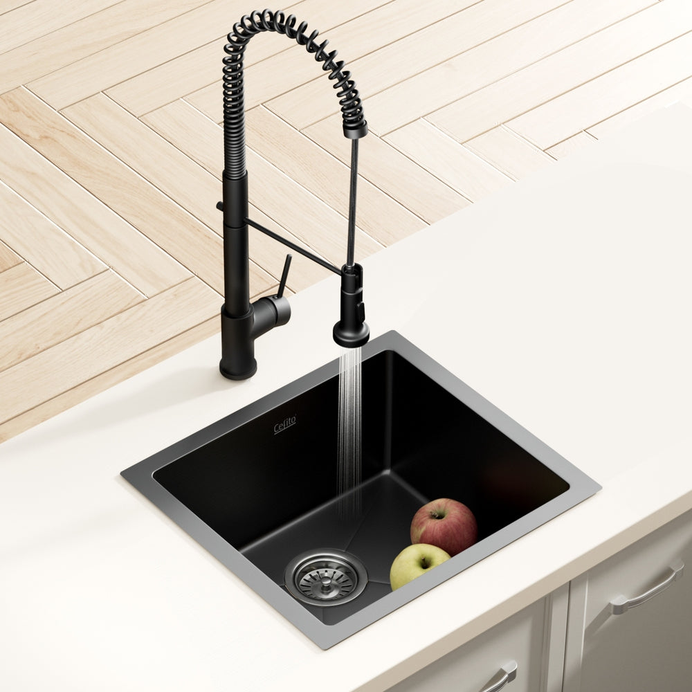 Cefito 51x45cm Single Bowl Kitchen Sink Black Stainless Steel with Pull-Out Mixer Tap