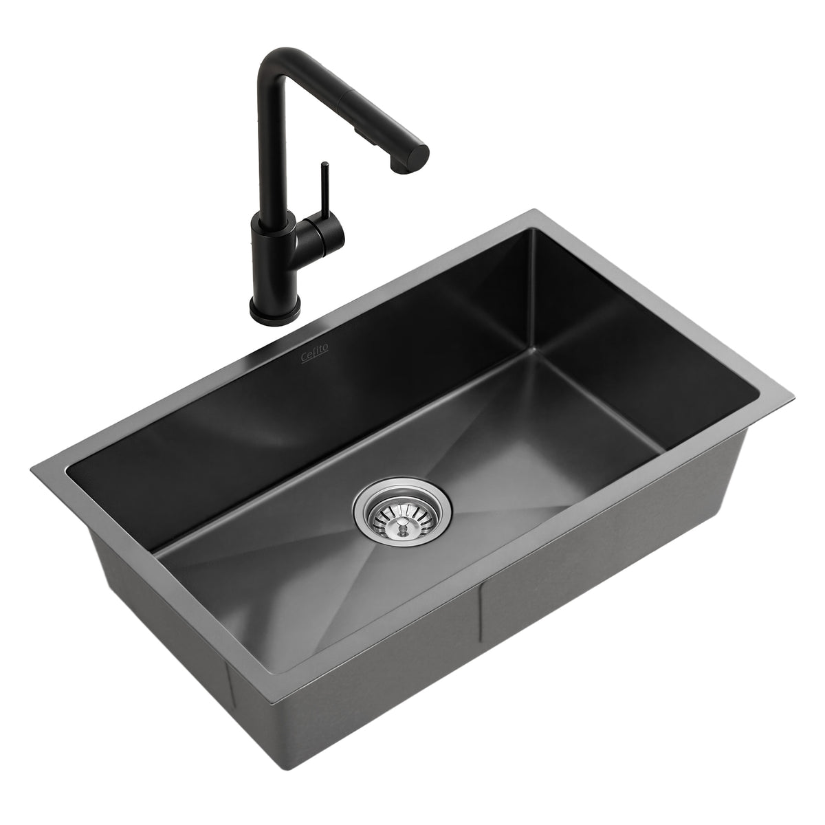 Cefito Stainless Steel Sink 60x45CM With Pull Out Mixer Tap Kitchen Basin Single Bowl Black