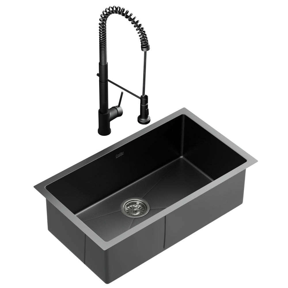 Cefito 70x45cm Single Bowl Kitchen Sink Stainless Steel Black with Pull-Out Mixer Tap
