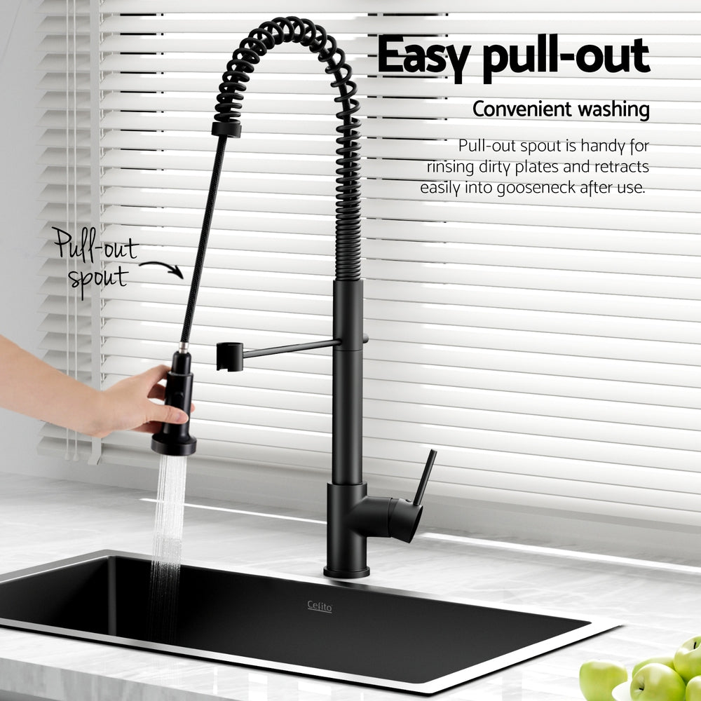Cefito 70x45cm Single Bowl Kitchen Sink Stainless Steel Black with Pull-Out Mixer Tap