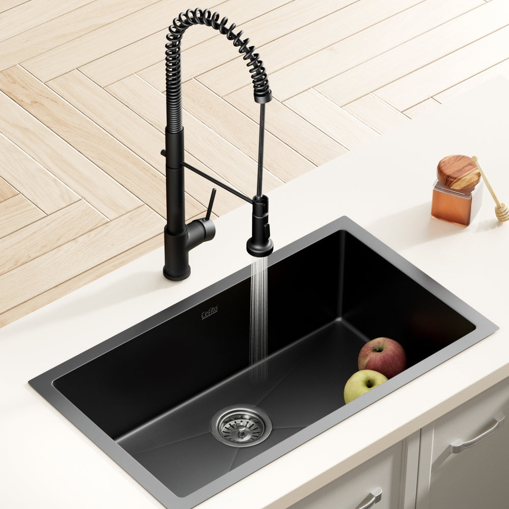 Cefito 70x45cm Single Bowl Kitchen Sink Stainless Steel Black with Pull-Out Mixer Tap